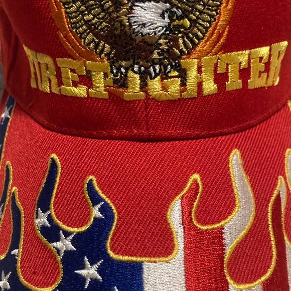 USA Firefighter Vintage Ball Cap Velcro Back Strap Flame Red White Blue Flag - Picture 2 of 5